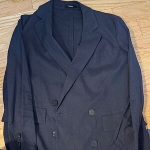 Theory Navy Linen Double-Breasted Blazer